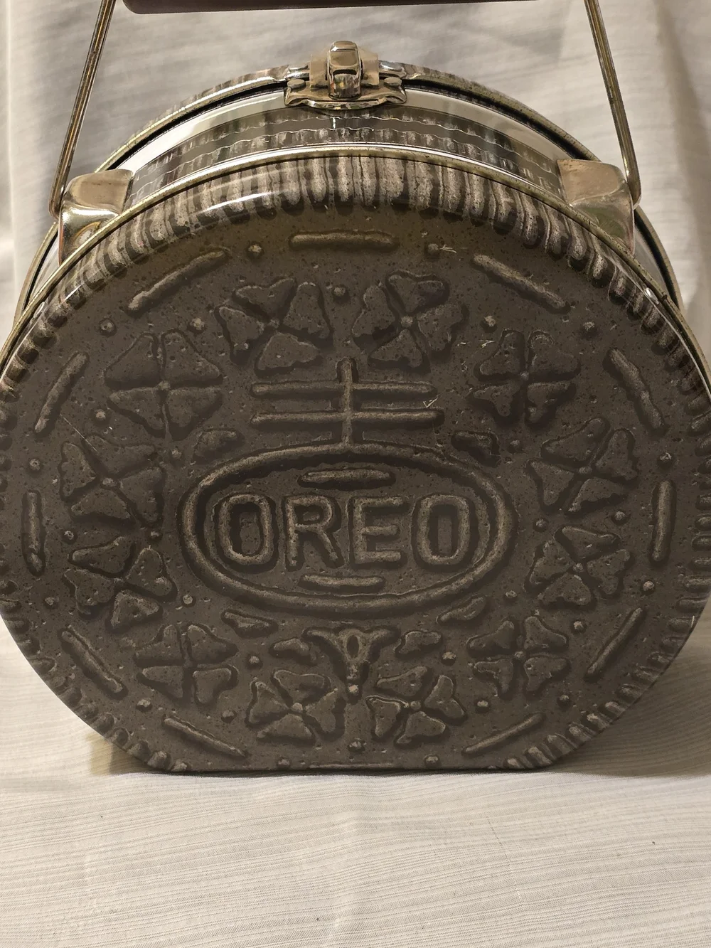 Vintage 1990's Nabisco Oreo Cookie-shaped Tin Used as Lunch Box/Collectible Tin